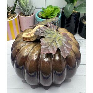 Ceramic Brown Pumpkin With Metal Leaves & Curved Stem